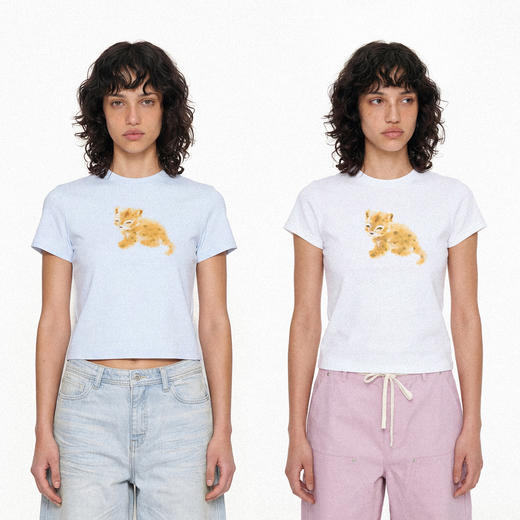 NUTH俏皮手绘豹子动物印花弹力修身薄款正肩短袖t恤女（预售/发货时间同步天猫） 商品图0