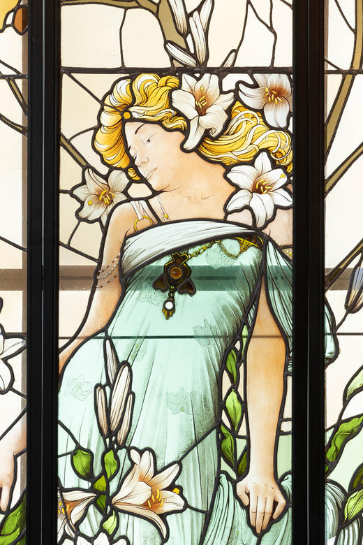 独角鹿西洋古董1920年代法国出品新艺术运动风格《百合少女》主题巨幅三联式彩绘玻璃花窗 商品图3