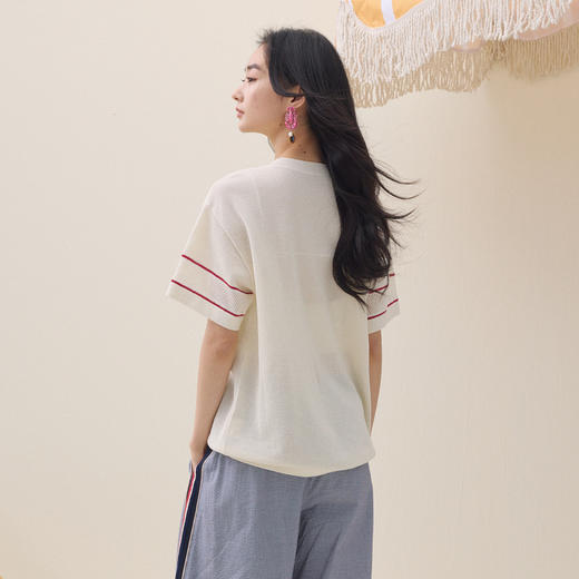 谜底套头针织衫短袖2026夏新品舒适时髦印花钉珠毛衣女262MZ0756 商品图2