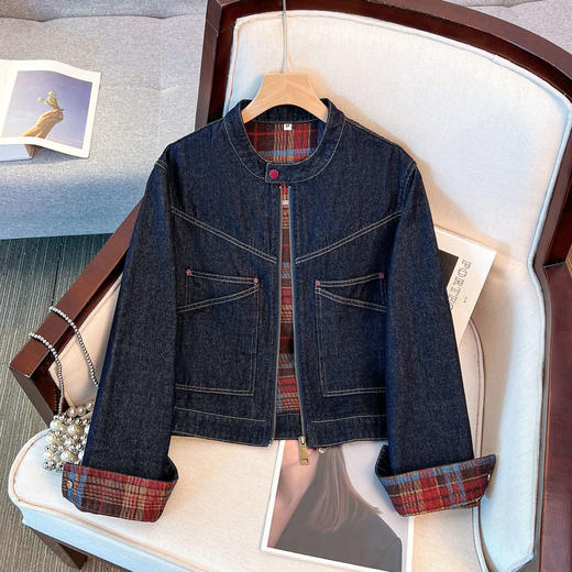 丁摩 巨好看的丹宁深蓝色圆领牛仔外套女短款早春秋季棒球领夹克6ZF-Q8083 商品图2
