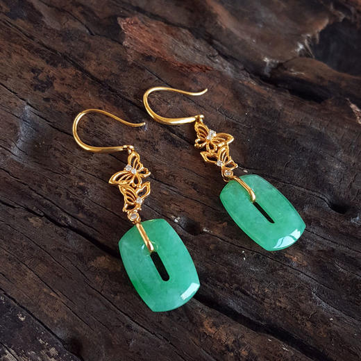 【天然正品】A货翡翠AU750黄金镶钻镶天然细腻糯种满绿镂空平安方扣造型翡翠耳坠040326NJT11 商品图4