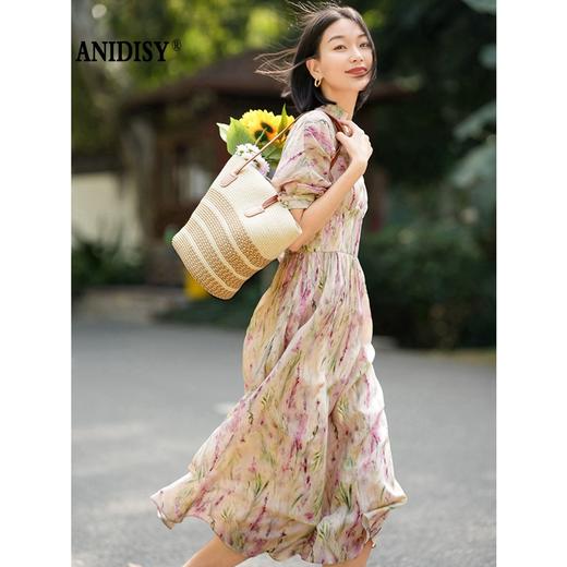 时尚法式V领七分袖收腰气质碎花连衣裙 商品图1