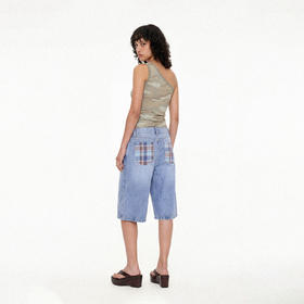 NUTH格纹拼接复古蓝色水洗牛仔中裤五分裤女（预售/发货时间同步天猫）