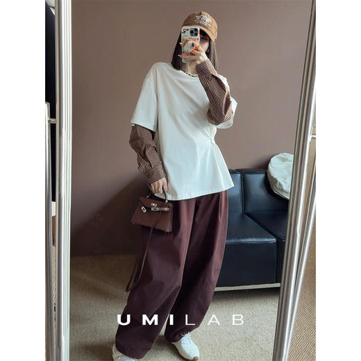 UMILAB｜幻觉*层次叠穿 100%棉撞色拼接衬衫袖假两件T恤T796V 商品图3