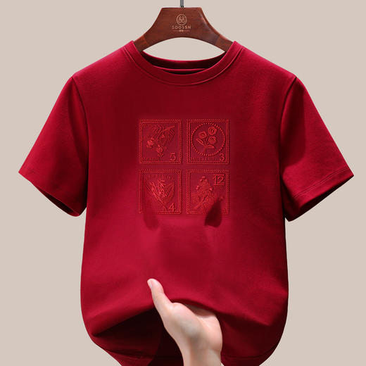 丁摩 春夏新款纯色浮雕刺绣圆领短袖T恤女时尚休闲显瘦上衣6ZF-W39 商品图2