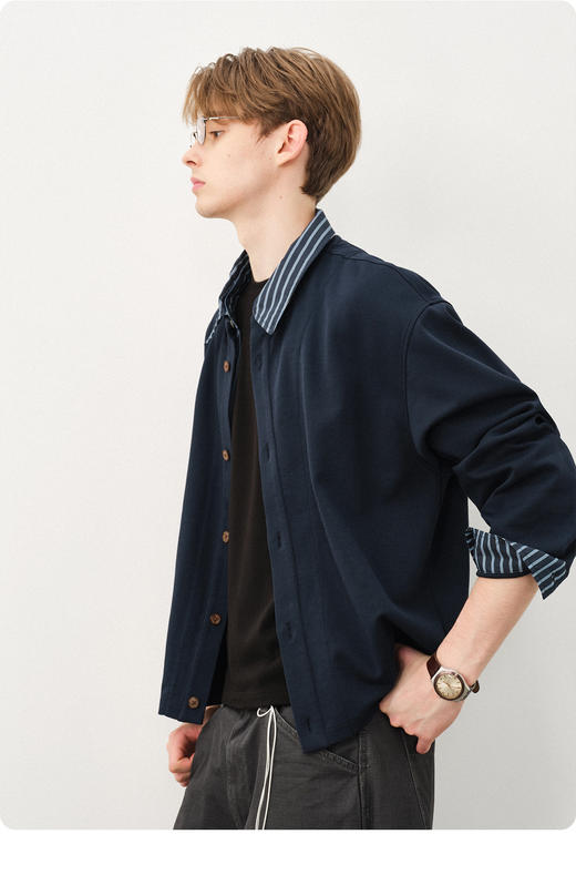 714street学院风假两件条纹长袖衬衫男秋季情侣卫衣开衫miu系穿搭 商品图0