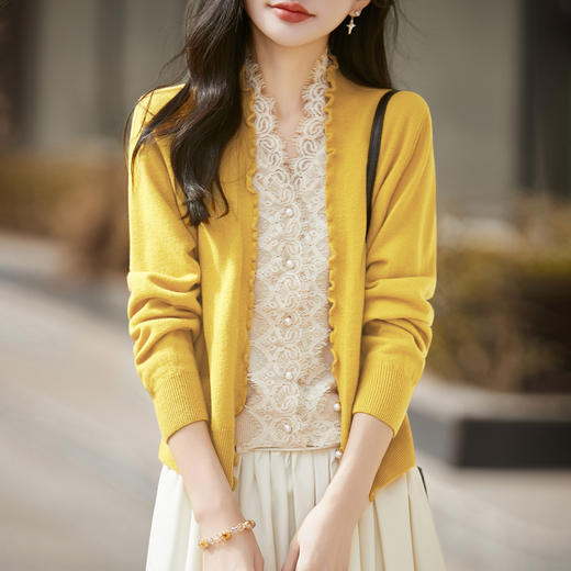 百媚生 蚕丝羊毛蕾丝假两件针织开衫外套V领上衣NS-6010A-70 商品图1