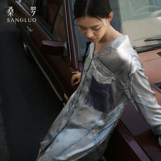 颠覆丹宁』桑罗复古牛仔印花真丝衬衫裙100%桑蚕丝女家居服可外穿 商品图4