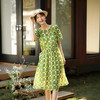 丁摩 圆领绿色印花真丝连衣裙宽松显瘦桑蚕丝裙74142 商品缩略图1