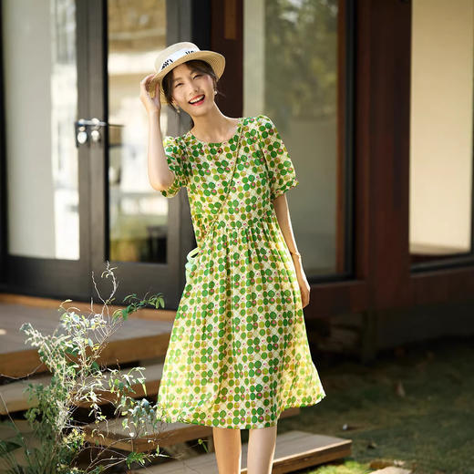 丁摩 圆领绿色印花真丝连衣裙宽松显瘦桑蚕丝裙74142 商品图1