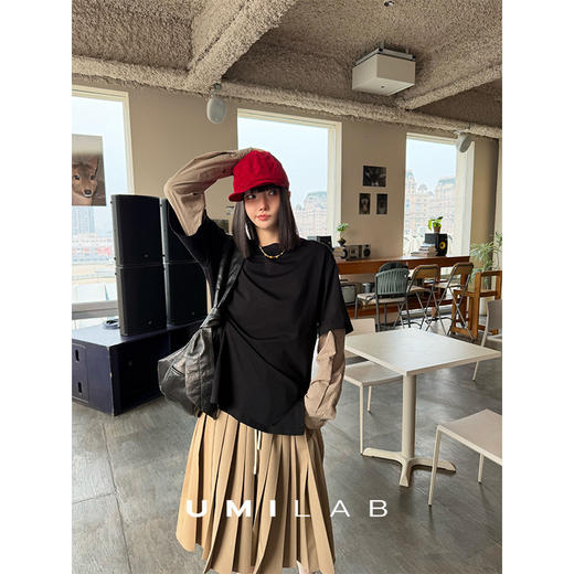 UMILAB｜幻觉*层次叠穿 100%棉撞色拼接衬衫袖假两件T恤T796V 商品图2