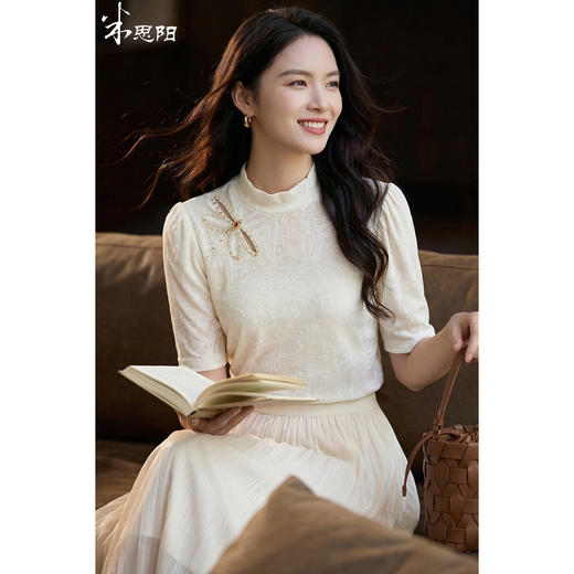 米思阳2026春夏新款气质优雅国风提花钉珠装饰百搭T恤女1115/1156 商品图0