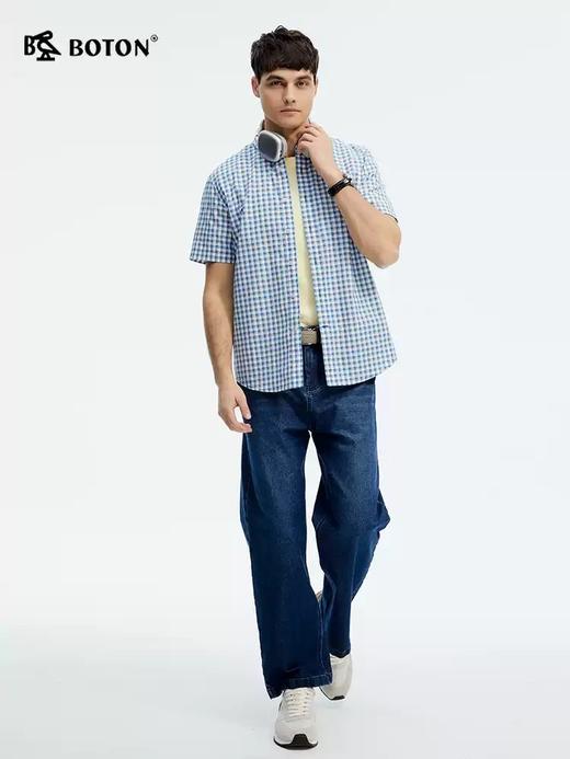 波顿夏季男士修身格纹短袖衬衫｜蓝黄白格子点缀，合身剪裁利落有型MS101225 商品图1