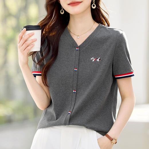 百媚生 棉质V领T恤短袖女可外穿休闲上衣S82620010 商品图3