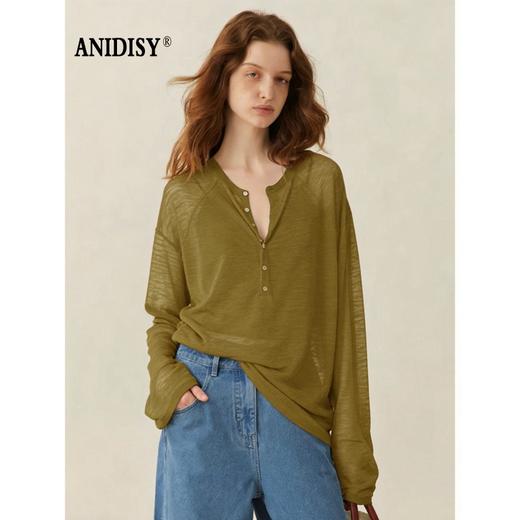 时尚开领长袖单排扣竹节麻针织上衣 商品图2