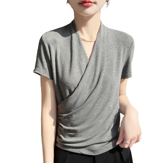 百媚生 精纺莱赛尔法式V领纯色交叉气质时尚短袖T恤YT-A311 商品图4