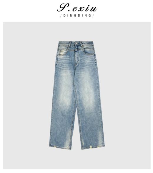 03-4潘依绣丁丁宠粉夏季新款做旧磨破百搭显瘦浅色牛仔阔腿直筒裤W6853 商品图0