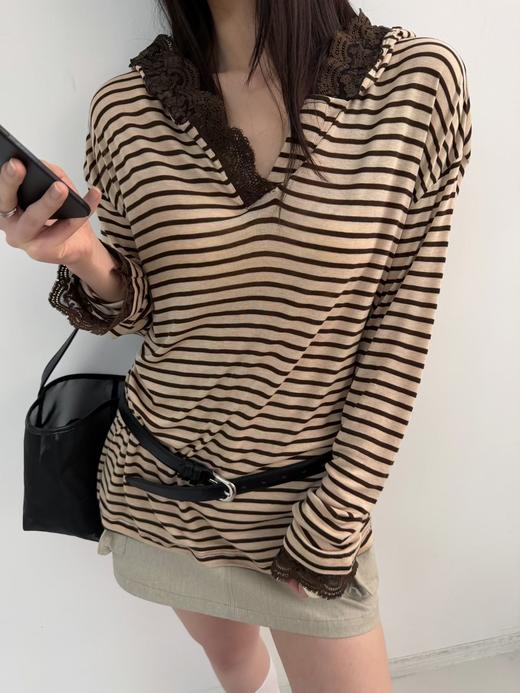 老米优品🎈3-5天！韩代同款《条纹蕾丝边防晒面膜tee》蕾丝与条纹的温柔碰撞，慵懒松弛又韩系~ T260322C 商品图2