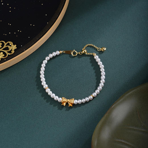 子佩集【巧结情缘】银S925珍珠惜王妃手链【SGB0648001】3.5mm珠镀金蝴蝶结儿童2601 商品图5
