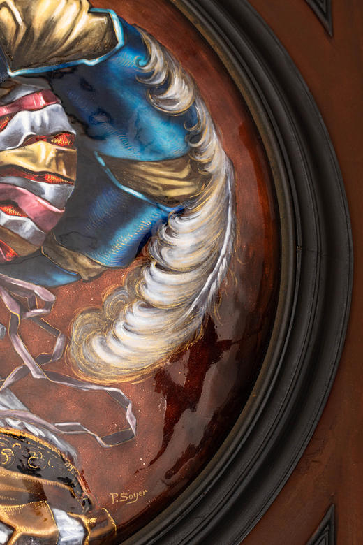 独角鹿西洋古董19世纪法国珐琅宗师保罗·索耶签名创作出品巨幅铜胎画珐琅肖像挂屏对 商品图1