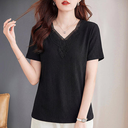 黑色v领短袖t恤女2026新款夏季爆款衣服女装正肩简约上衣半袖体恤 商品图1