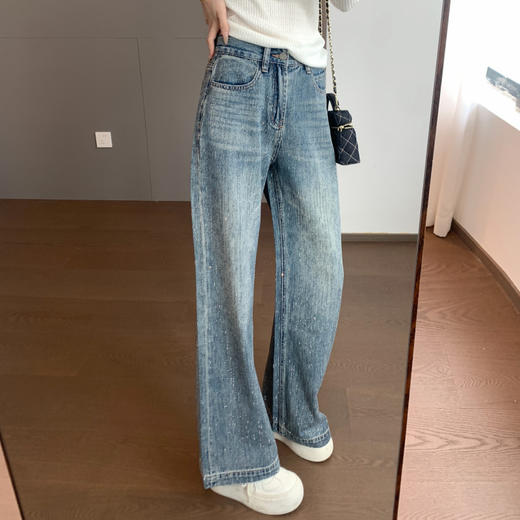 【春日蓝调】重工细钻！2026满天星棉混纺牛仔有筋骨烫钻复古微喇阔腿牛仔裤！ 商品图0