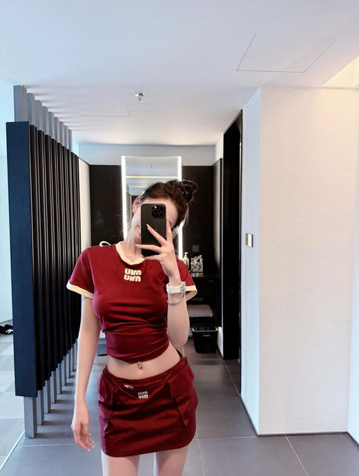 缪缪 撞色圆领棉质短袖T恤 商品图0