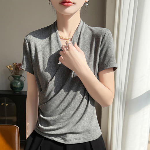 百媚生 精纺莱赛尔法式V领纯色交叉气质时尚短袖T恤YT-A311 商品图2