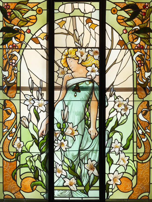 独角鹿西洋古董1920年代法国出品新艺术运动风格《百合少女》主题巨幅三联式彩绘玻璃花窗 商品图2