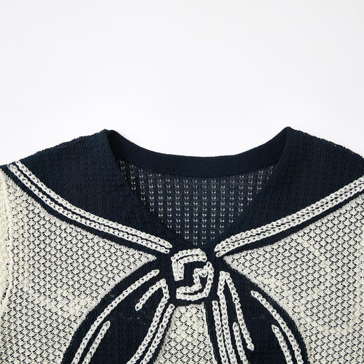 谜底套头针织衫短袖2026夏季新品海军领提花舒适毛衣女262MZ0789 商品图3