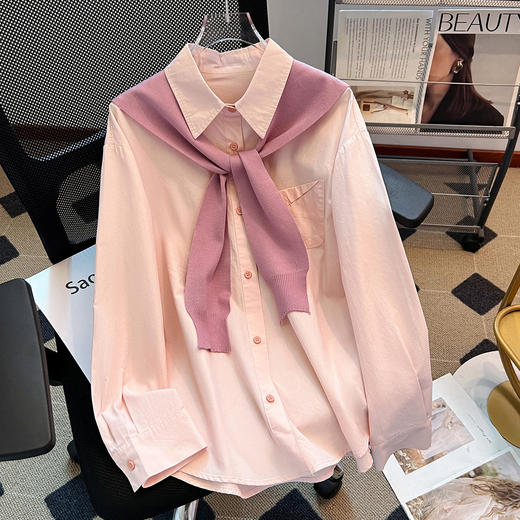 丁摩 牛油果绿色长袖衬衫外套加披肩两件套女春季新中长款宽松上衣6ZF-26C2655 商品图1