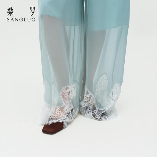 轻盈随心』桑罗蓝蕾丝拼接真丝睡衣套装100%桑蚕丝女家居服可外穿 商品图3