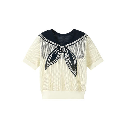 谜底套头针织衫短袖2026夏季新品海军领提花舒适毛衣女262MZ0789 商品图4