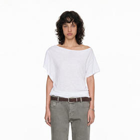 NUTH肌理感亚麻混纺不对称斜肩宽松短袖t恤女 白色（预售/发货时间同步天猫）