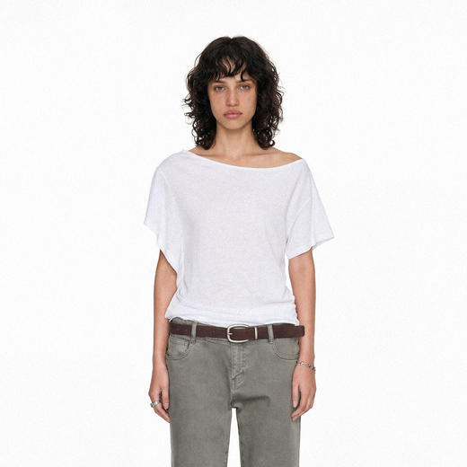 NUTH肌理感亚麻混纺不对称斜肩宽松短袖t恤女 白色（预售/发货时间同步天猫） 商品图0
