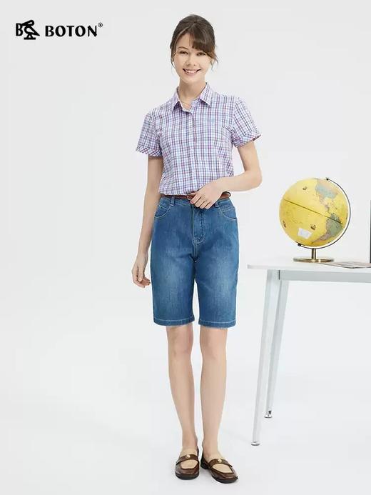 波顿夏季女士活力蓝橙格翻领短袖衬衫 轻薄透气日常百搭气质上衣LS010225 商品图1
