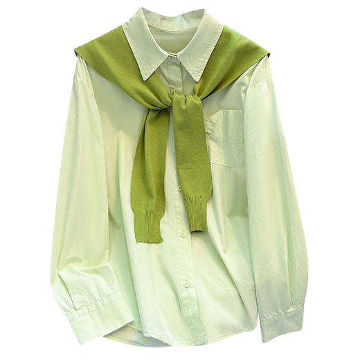丁摩 牛油果绿色长袖衬衫外套加披肩两件套女春季新中长款宽松上衣6ZF-26C2655 商品图4
