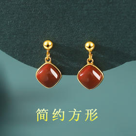 丁摩 S925纯银南红玛瑙方形和田玉女耳吊小巧耳钉耳环6ZF-596