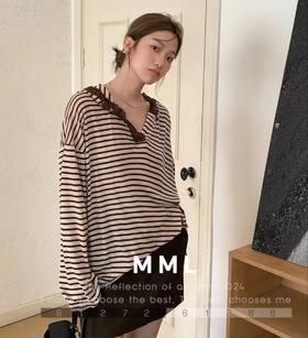 老米优品🎈3-5天！韩代同款《条纹蕾丝边防晒面膜tee》蕾丝与条纹的温柔碰撞，慵懒松弛又韩系~ T260322C