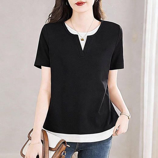 假两件短袖t恤女2026新款夏爆款宽松显瘦女装黑色上衣半袖体恤衫 商品图0