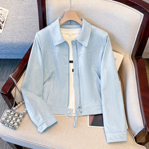 丁摩 高级感杏色翻领正肩麂皮绒厚外套春秋季新款高腰短款夹克6ZF-2162 商品图1