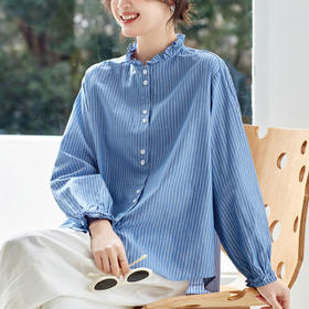 丁摩 蓝色条纹衬衫女长袖春装新款木耳领内搭叠穿上衣衬衣6ZF-61041
