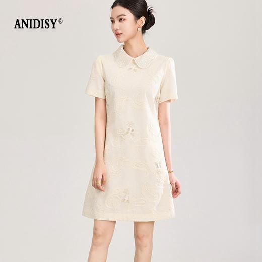 重工钉珠棉线刺绣娃娃领短袖收腰连衣裙 商品图1