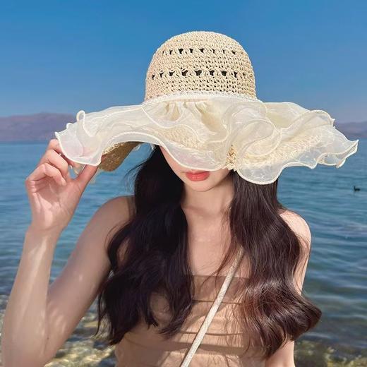【出片遮阳！韩式ins】海边度假风帽子网红帽出片草帽蕾丝花边大帽檐帽子全遮脸防晒帽.xa 商品图2