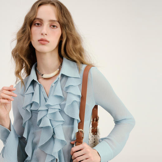 lost in echo2026年春夏新款时髦多层荷叶边装饰正肩修身显瘦衬衫 商品图3