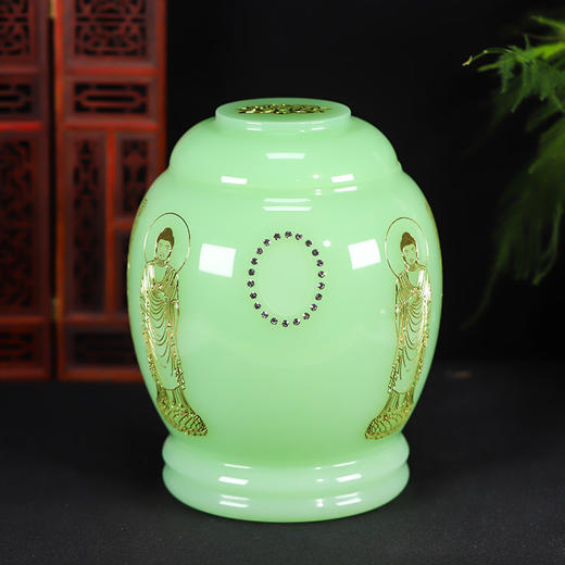 骨灰坛绿琉璃地藏王菩萨心经骨灰桶骨灰坛18*23cm 商品图0