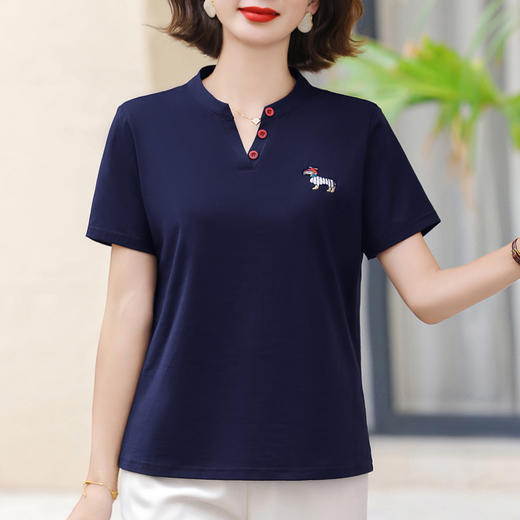 百媚生 棉质刺绣V领短袖T恤S92524022 商品图3