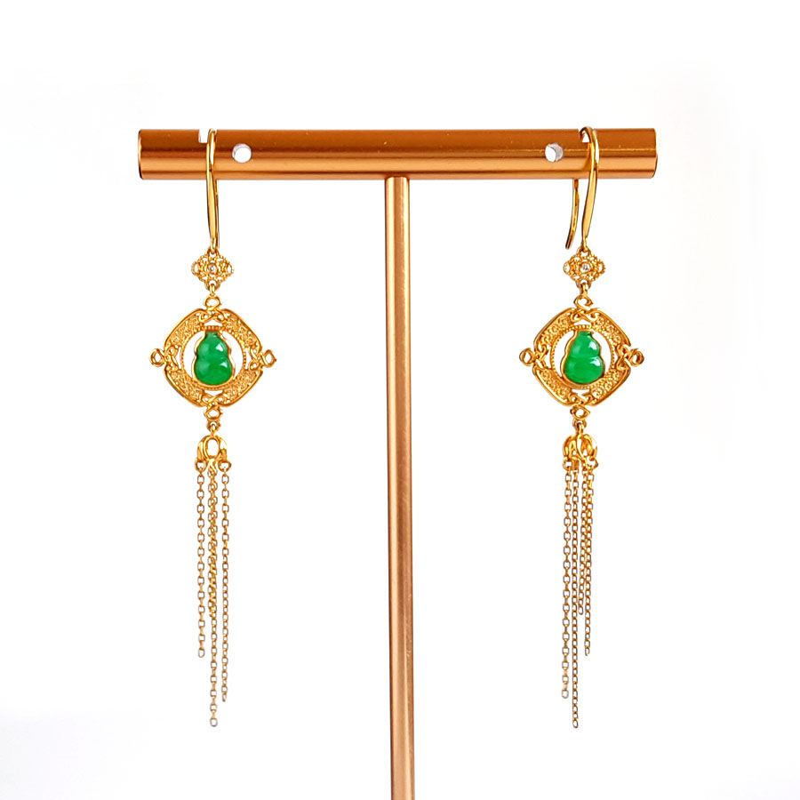 【天然正品】A货翡翠AU750黄金镶钻镶天然细腻冰种满绿葫芦（福禄平安）翡翠流苏耳坠040326NJT05