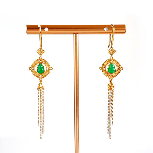 【天然正品】A货翡翠AU750黄金镶钻镶天然细腻冰种满绿葫芦（福禄平安）翡翠流苏耳坠040326NJT05 商品图0