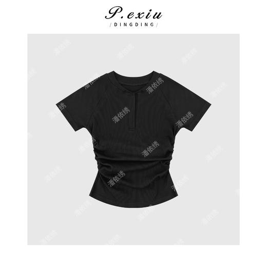 03-4潘依绣丁丁宠粉简约半开领褶皱收腰气质短袖T恤 W-62788 商品图1
